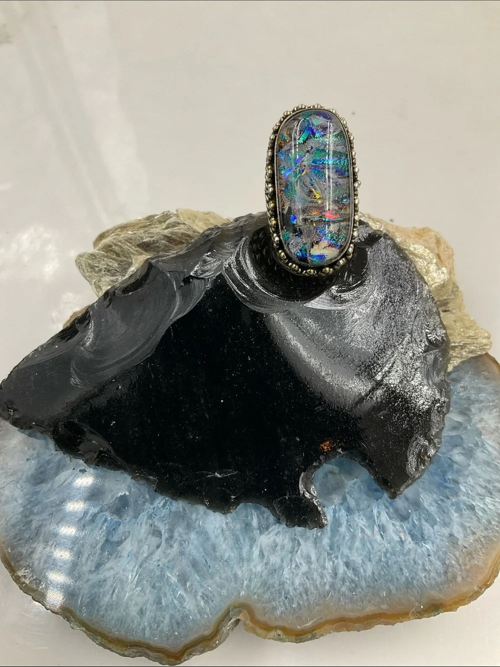 Vintage Sterling Silver Dichromic Art Glass Statement Ring Size 8 Blue-Green